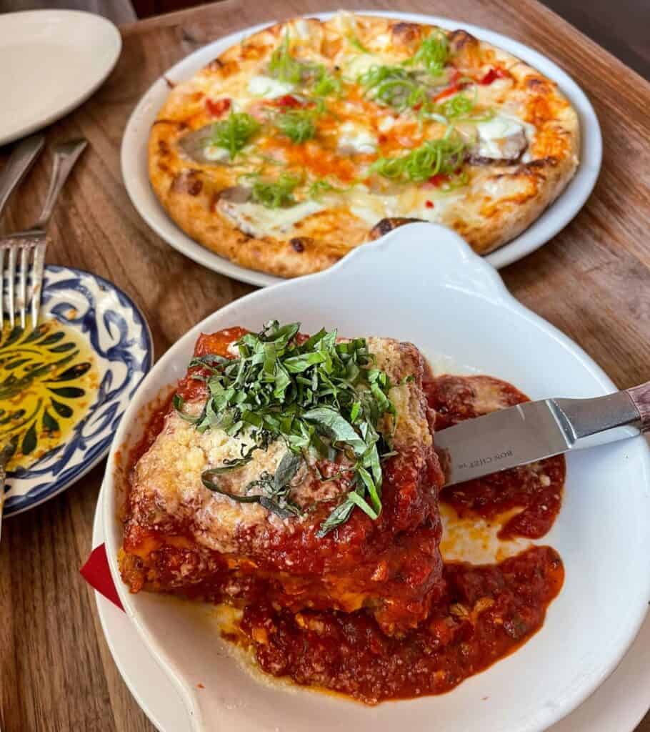 lasagna and pizza from Juliet Italian Kitchen in Austin, Texas