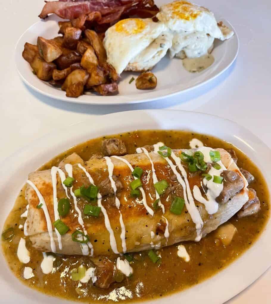 breakfast burrito and biscuits and gravy from Sawyer & Co. in Austin, Texas