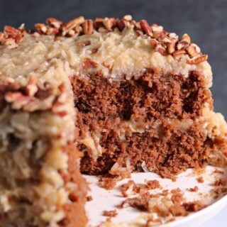 German Chocolate layer cake with a slice taken out
