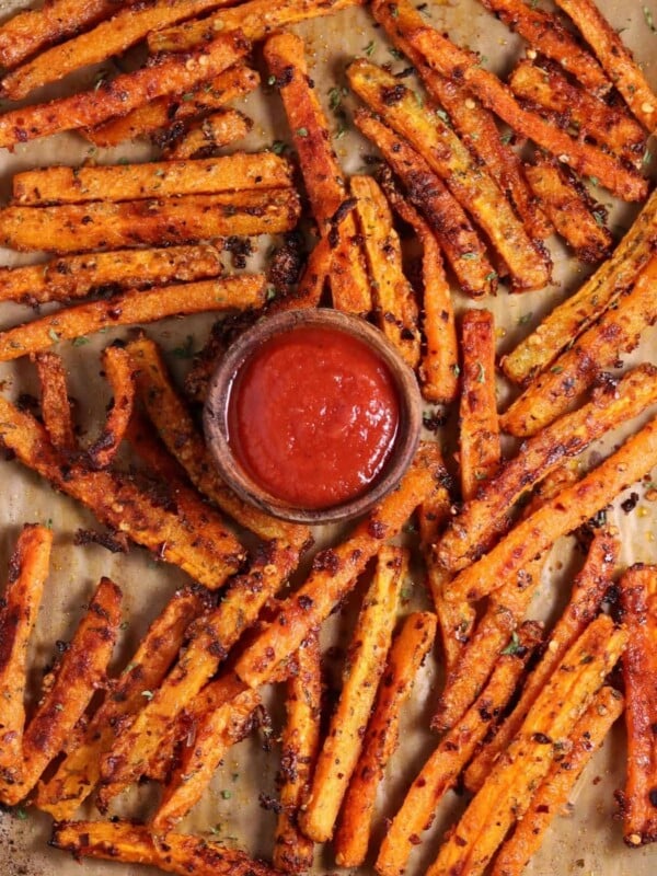 baked carrot sticks on a sheet pan