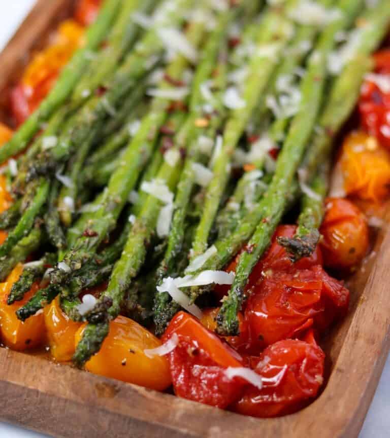 Air Fryer Garlic Roasted Asparagus with Balsamic Tomatoes