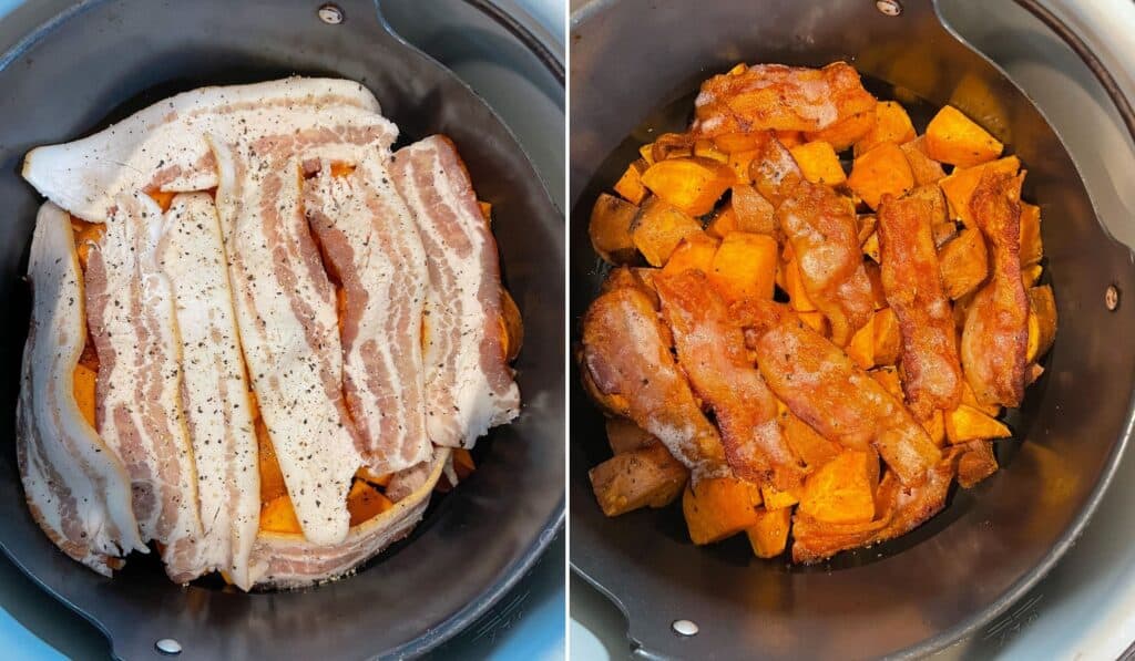 cooking bacon on top of sweet potatoes in an air fryer