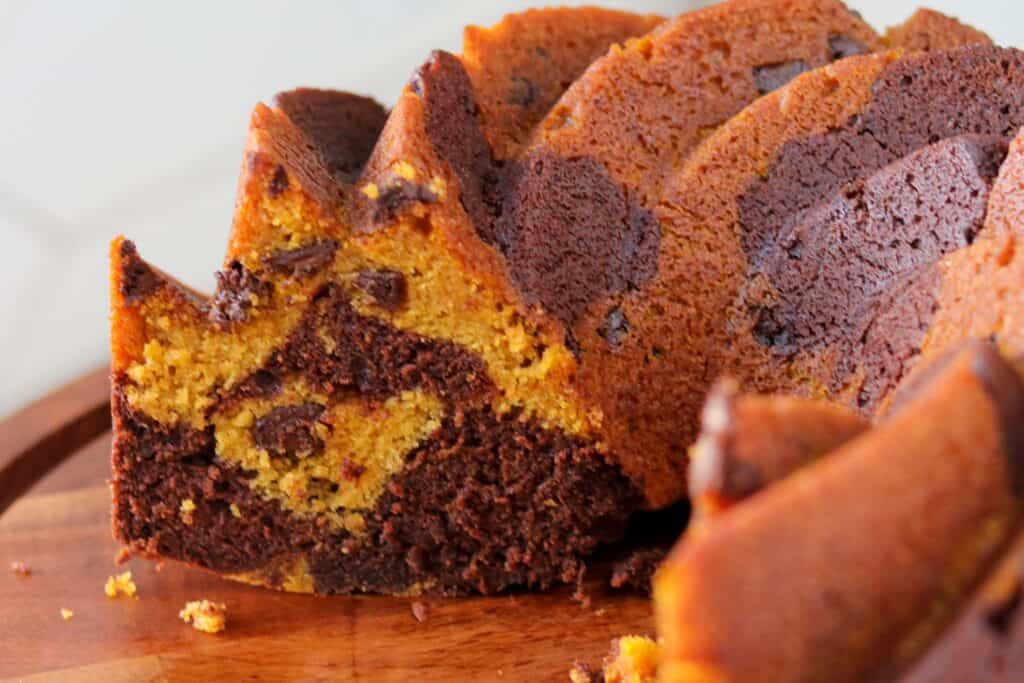 Chocolate and Pumpkin Bundt Cake with a slice cut out. 