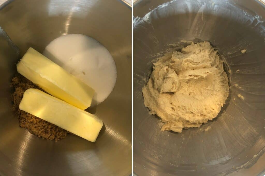 butter, brown sugar, and granulated sugar in a stand mixer before and after mixing