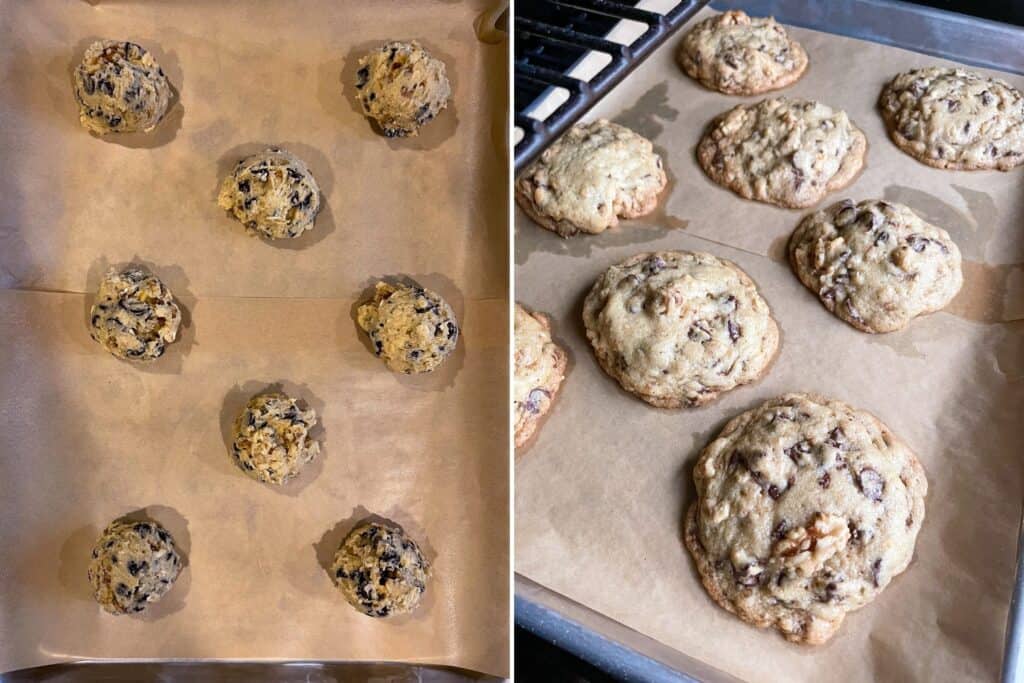 portioned cookie dough and cookies on a parchment lined sheet pan in the Traeger grill