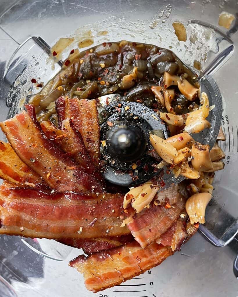 smoked bacon, roasted garlic, caramelized onions, maple syrup, balsamic vinegar, and red pepper flakes in a food processor