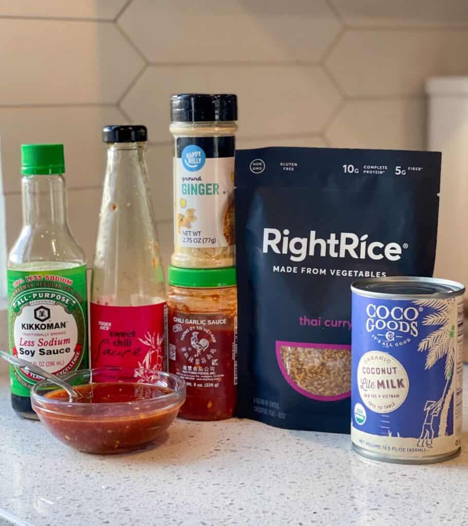 low sodium soy sauce, sweet chili sauce, ground ginger, lite coconut milk, Thai curry Right Rice, and chili garlic sauce