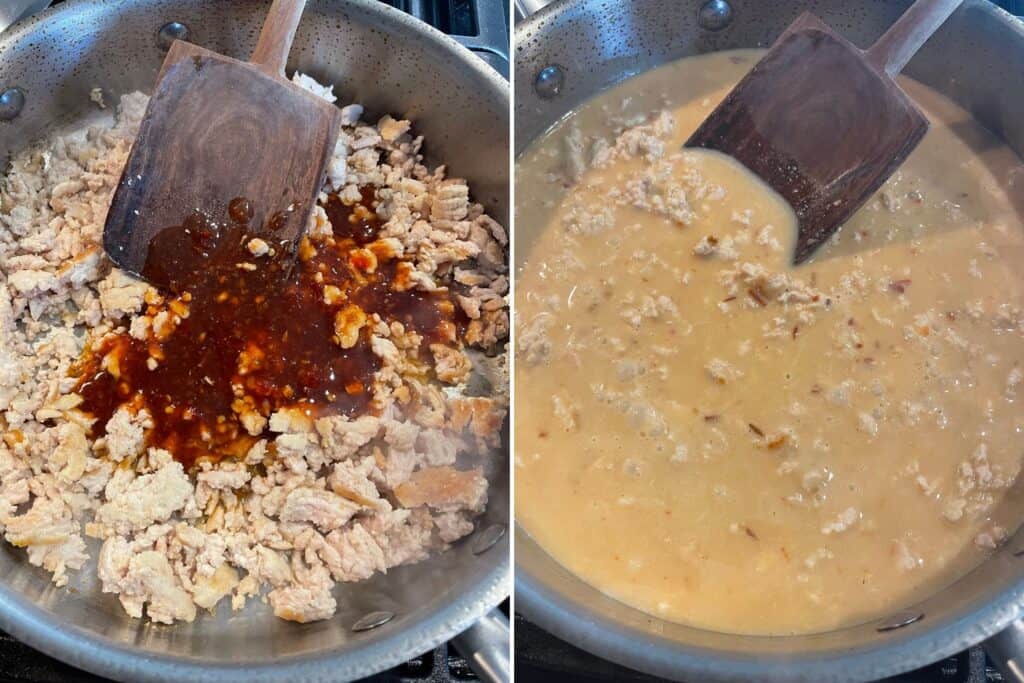 chili sauce and coconut milk in a skillet with cooked ground chicken