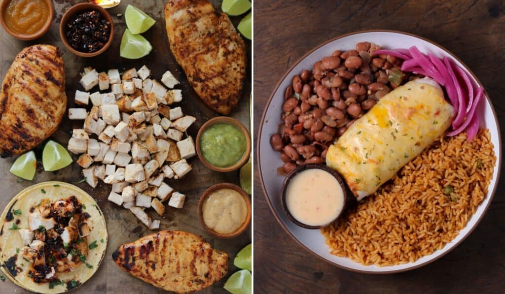diced grilled chicken on tacos and a baked grilled chicken burrito with queso, rice, and beans