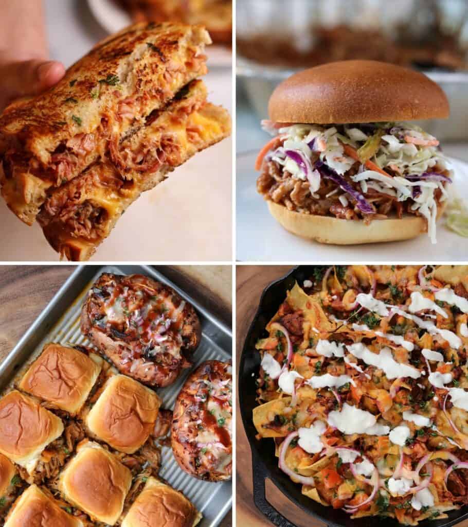 pulled pork grilled cheese, classic BBQ pulled pork loin sandwich, bbq sliders and stuffed sweet potatoes, and loaded BBQ nachos