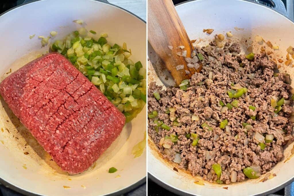 ground beef in a Dutch oven with onion and bell pepper