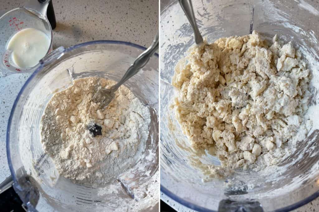 stirring buttermilk into biscuit dough