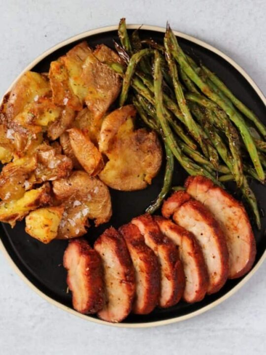 smoked pork tenderloin with smashed potatoes and green beans