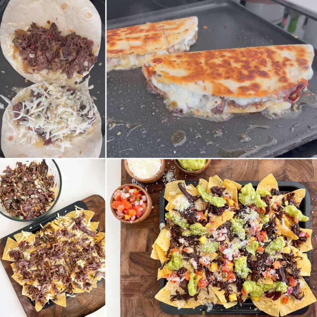 beef quesadillas and pulled beef nachos