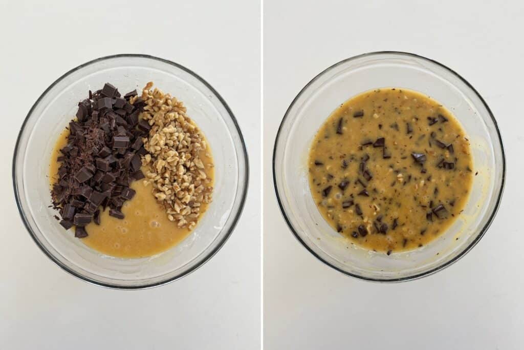 chocolate and walnuts added to mixture next to photo of add-ins mixed in.
