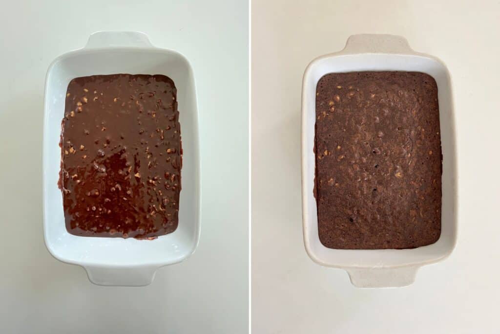 Brownie batter poured into baking dish, shown before and after baking.