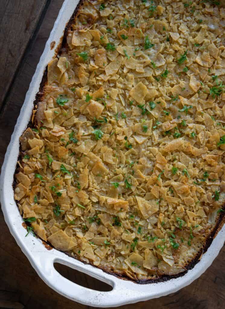 hash brown casserole with tortilla chip topping