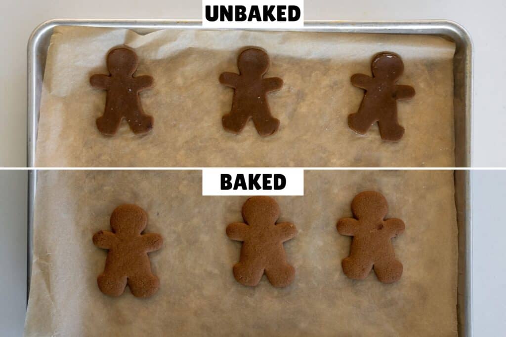 Unbaked and baked gingerbread cookies on a sheet pan lined with parchment paper.