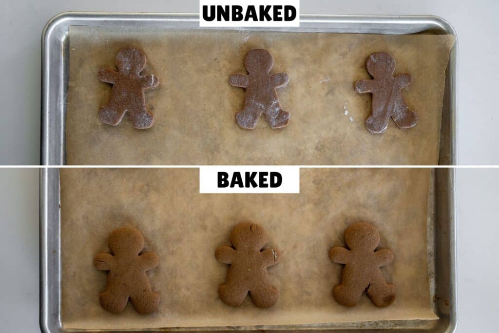 Unbaked and baked gingerbread cookies on a sheet pan lined with parchment paper.