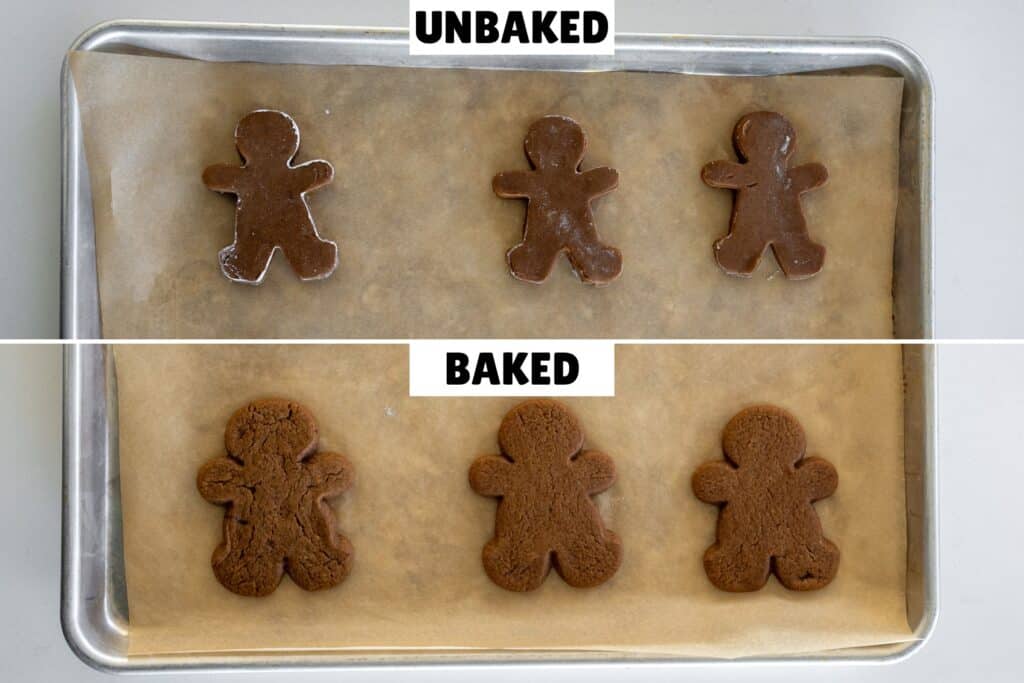 Unbaked and baked gingerbread cookies on a sheet pan lined with parchment paper. 