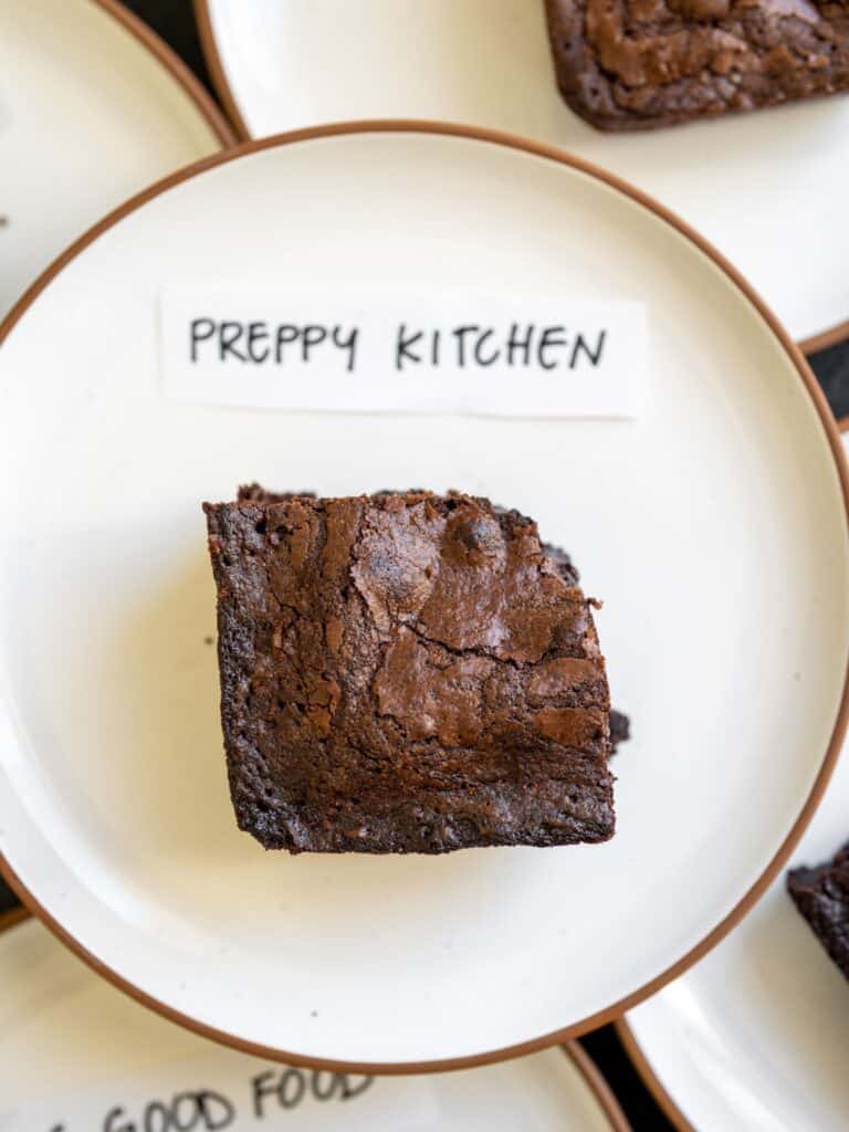 A corner slice of brownie from Preppy Kitchen.