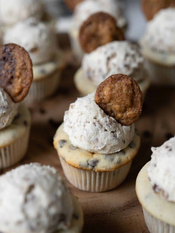 Cupcakes with chocolate chip cookie buttercream on top.