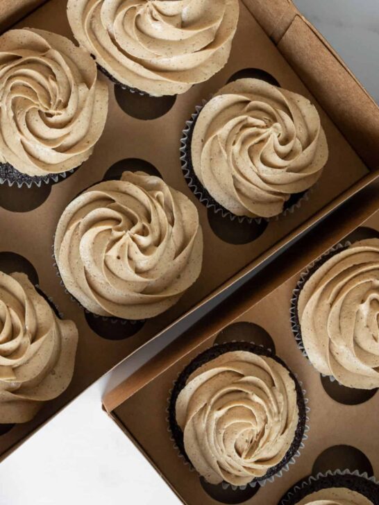 Espresso cupcakes in a brown box.