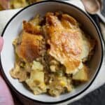 pulled Mexican chicken with corn, poblano peppers, and potatoes under a golden brown pie crust