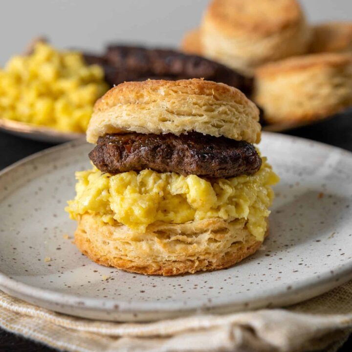 bison sausage and egg biscuit on a plate