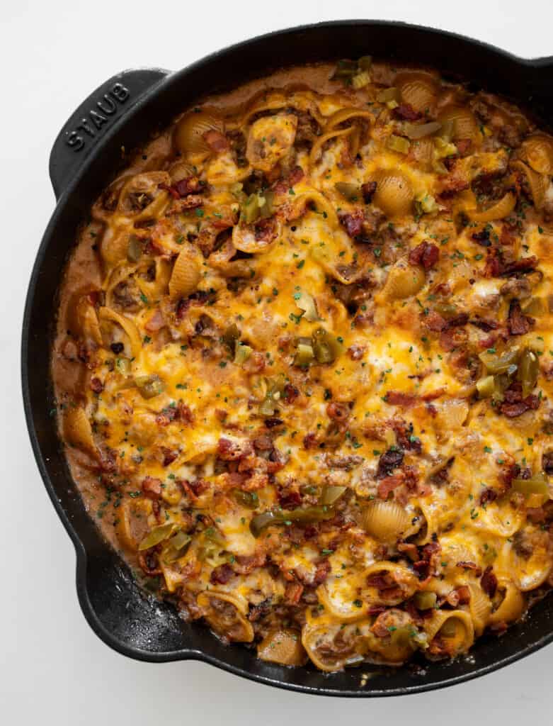 cast iron skillet with bacon cheeseburger ground beef pasta