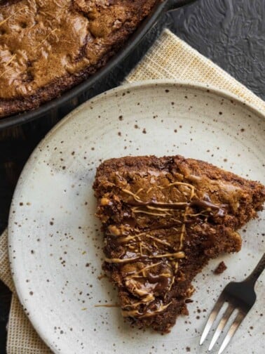 slice of skillet cookie on a plate
