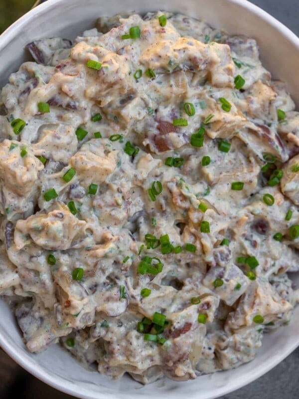 bowl of smoked potato salad on a Traeger grill