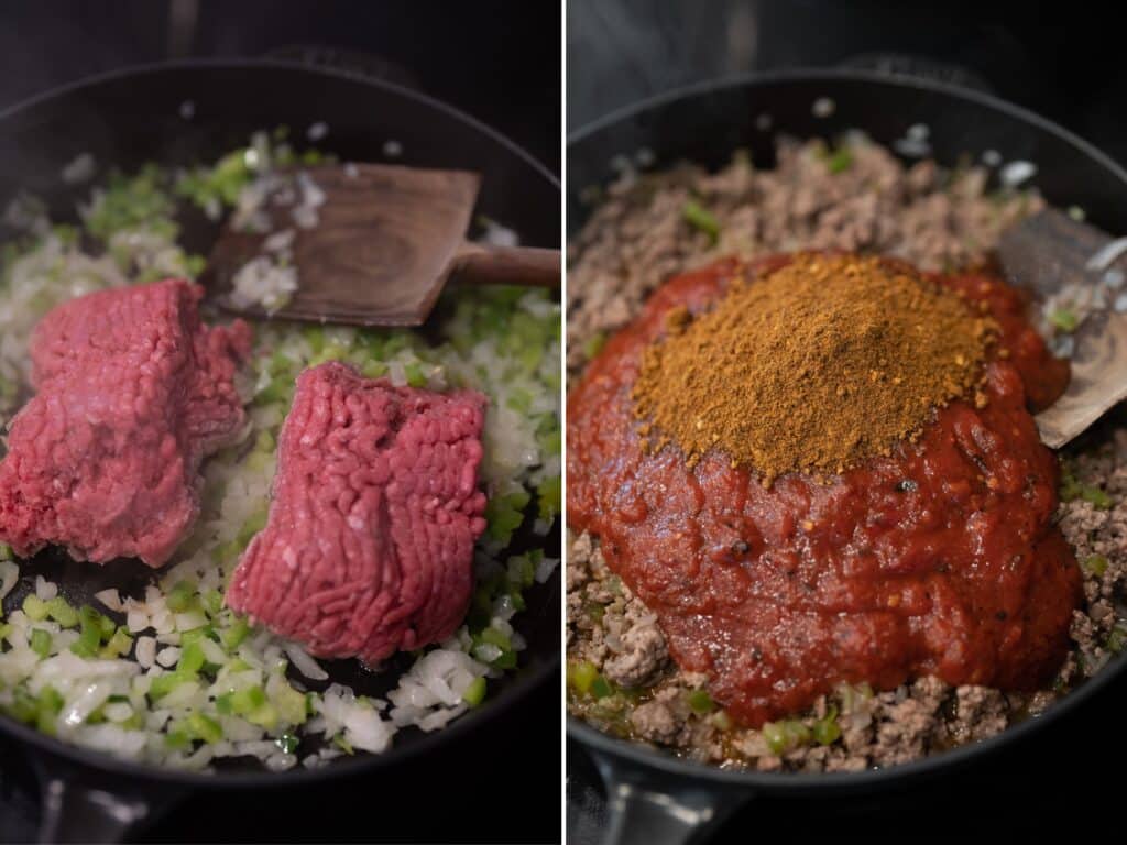 cooking ground beef with onion and pepper before adding crushed tomatoes and chili seasoning