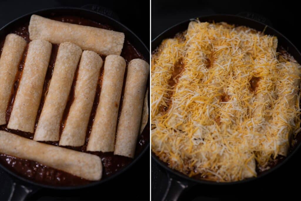 adding cheese stuffed tortillas to chili con carne and topping with shredded Mexican cheese