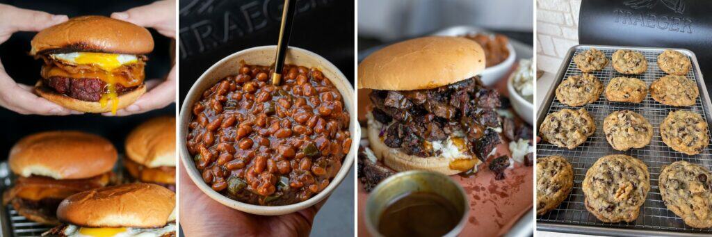 Traeger smoked burgers, baked beans, chuck roast, and chocolate chip cookies