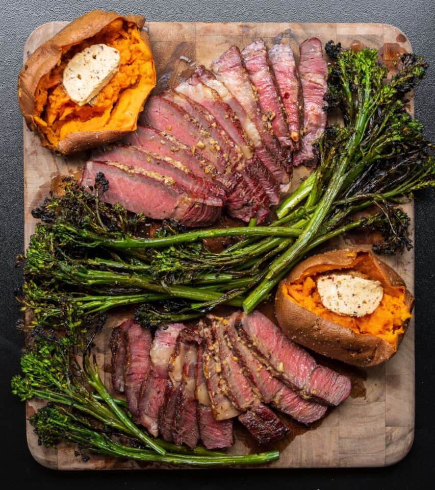 Traeger Reverse Seared Ribeye Steaks with Sweet Potatoes and Broccolini