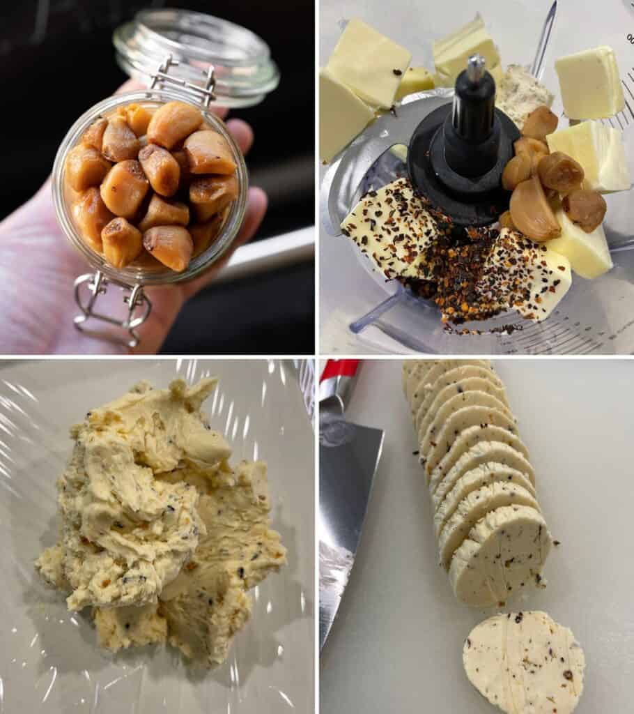 four photos of making compound butter in a food processor with Traeger roasted garlic
