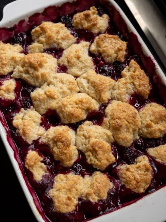 smoked blackberry cobbler on a Traeger grill
