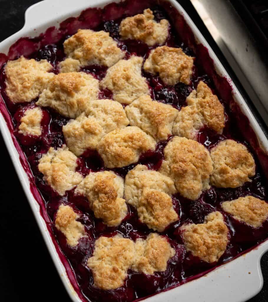 smoked blackberry cobbler on a Traeger grill