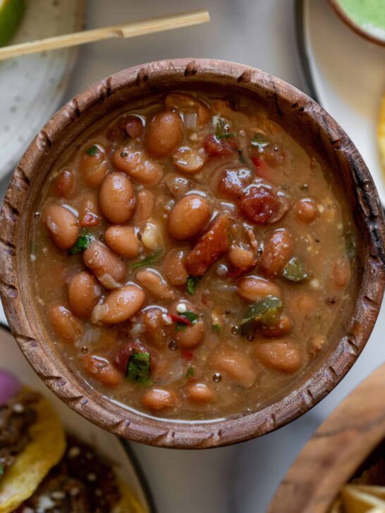 wooden bowl of borracho beans