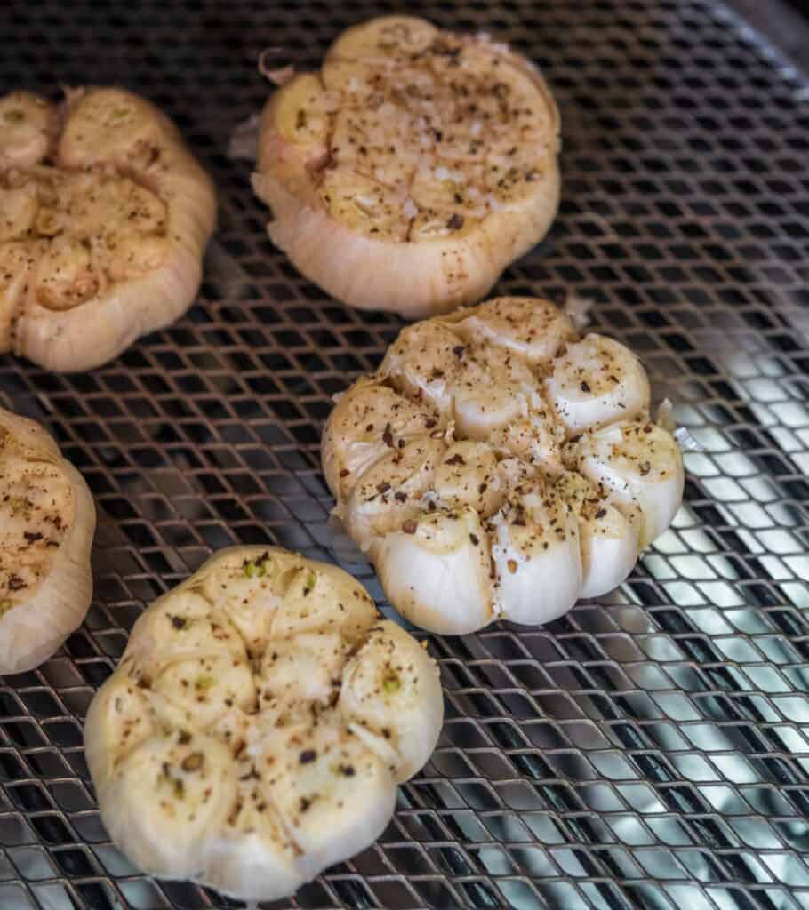 garlic bulbs on a Traeger grill with the tops sliced off and seasoned with salt and pepper