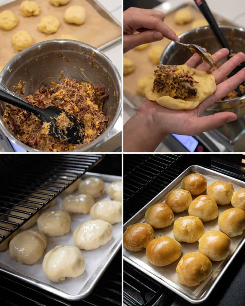 filling kolache dough with leftover chopped beef and cheese before forming and baking on a grill