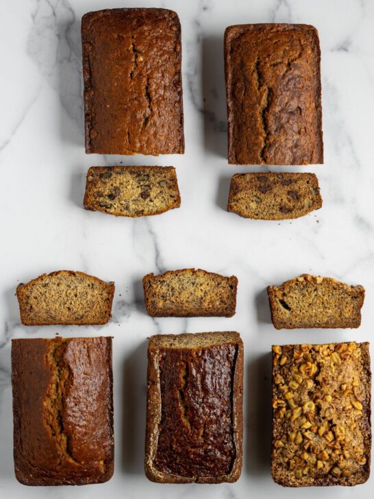 five loaves of banana bread with a cross section cut out of each